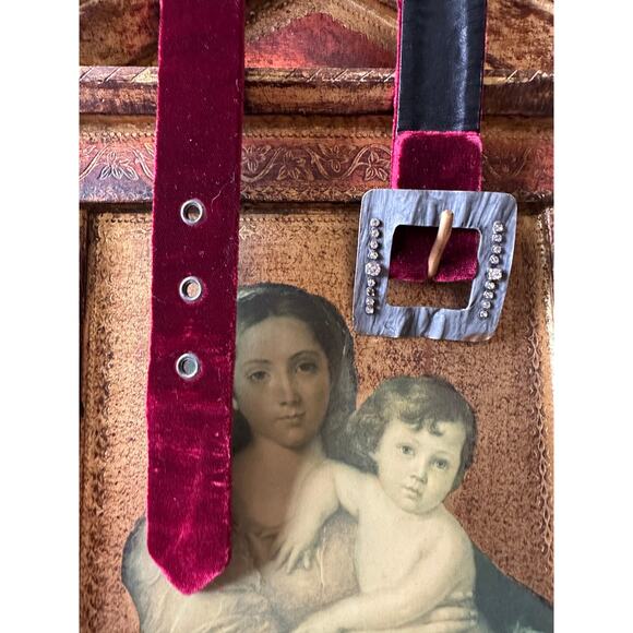 vintage SAINT LAURENT velvet calfskin leather BELT metal jeweled buckle glam s 2 - Picture 5 of 16